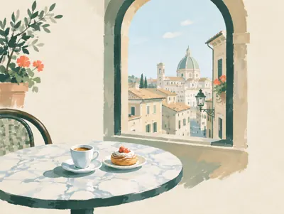 Illustration: Eine Kaffeepause in einem historischen Café im Zentrum, nahe der Bastion.