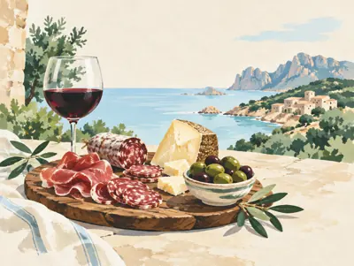Illustration: Eine sardische Platte teilen und einen Wein aus der Gegend wählen, an einem Abend in Villasimius.