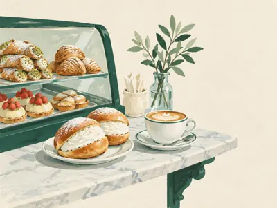 Illustration: A pastry-led start to a city morning. Browse the counter before choosing your breakfast.