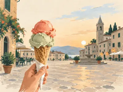 Illustration: Ein Eis auf der Piazza Yenne, bei einem Abendspaziergang im Zentrum.