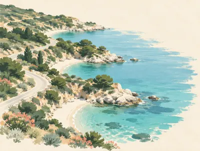 Illustration: Kleine Sandbuchten und Küstenvegetation auf dem Weg nach Villasimius.